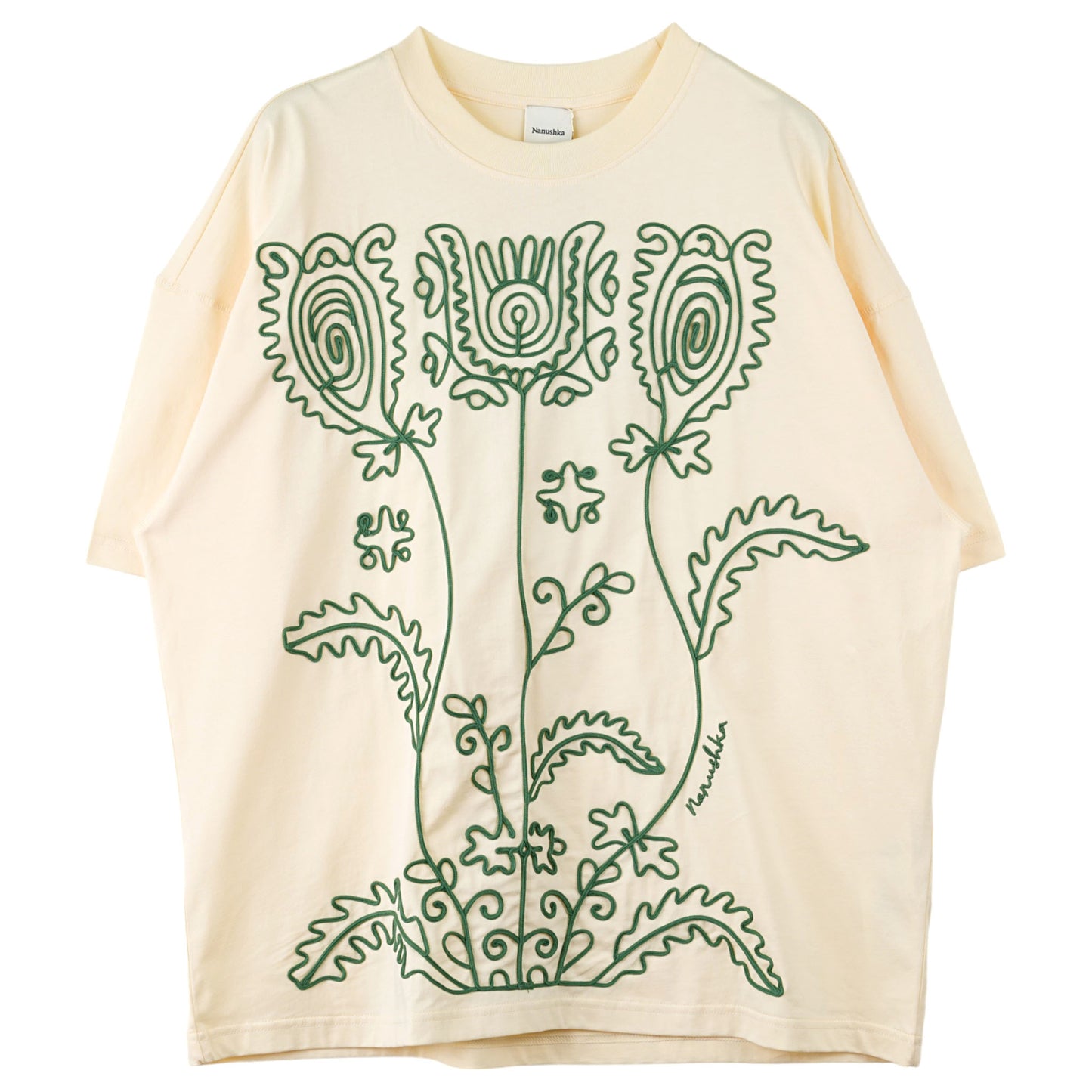 BOXY EMBROIDERED TEE SHIRT / CREME/GREEN