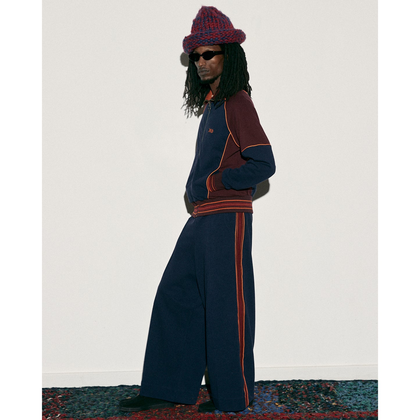 WIDE LEG TRACK PANT / NAVY/BURGUNDY