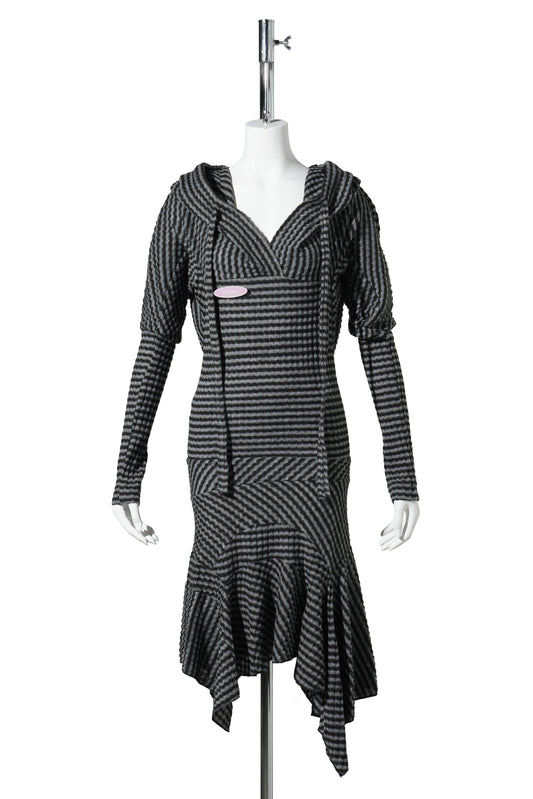 STRIPED KNIT HOODIE DRESS / BLACK & WHITE