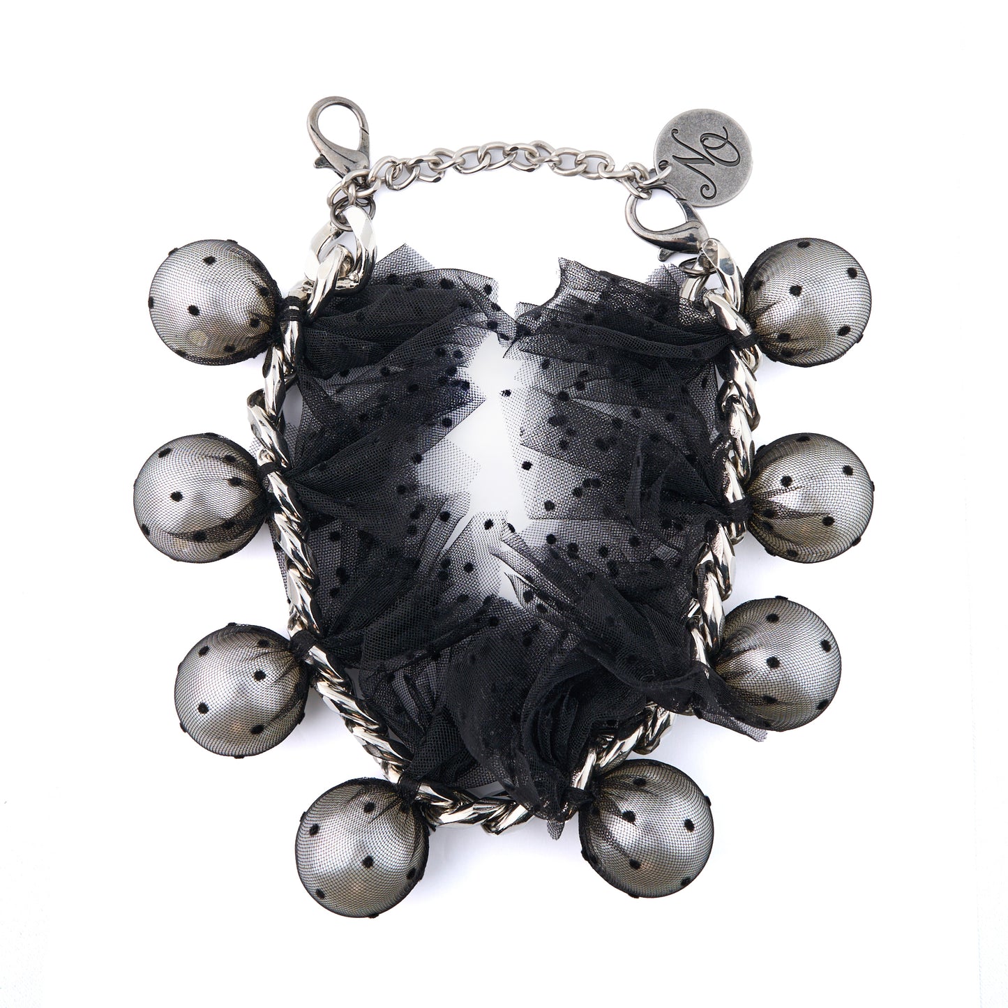 PEARL NECKLACE WITH BLACK POLKA-DOT TULLE AND METAL CHAIN / BLACK