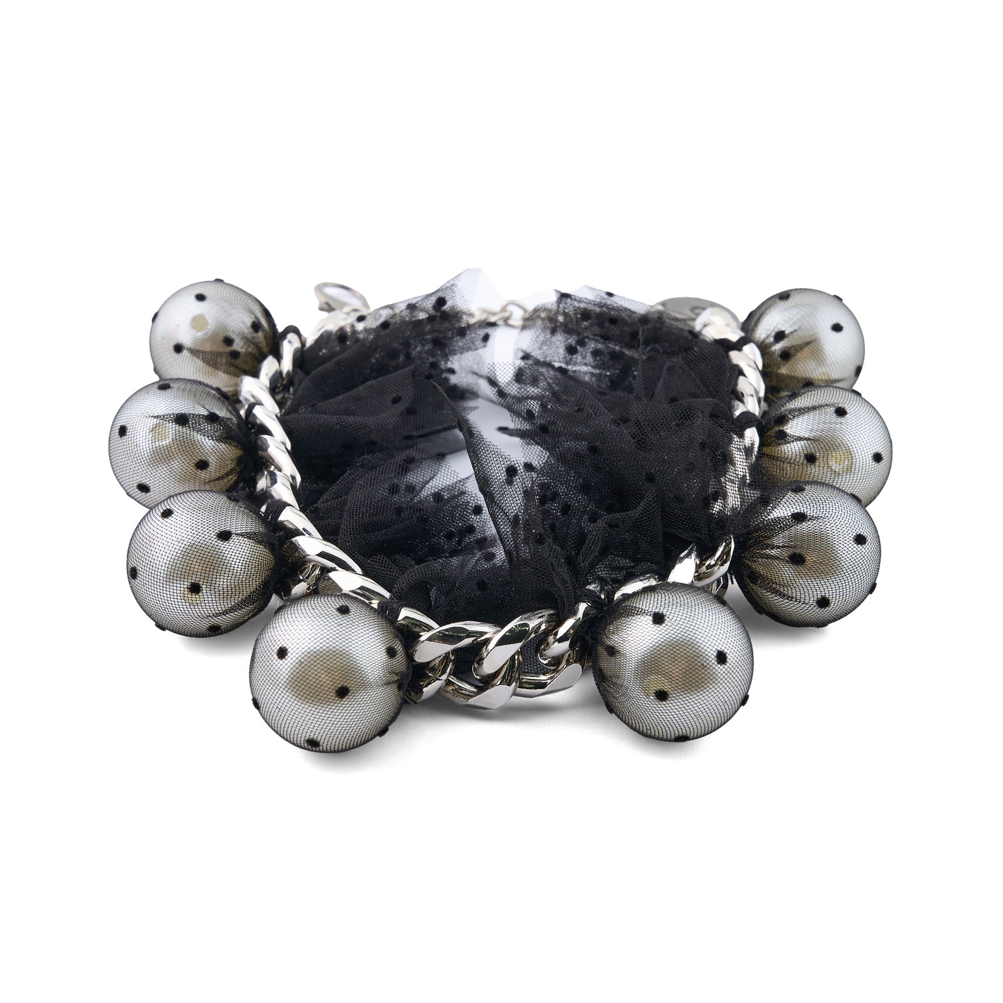 PEARL NECKLACE WITH BLACK POLKA-DOT TULLE AND METAL CHAIN / BLACK