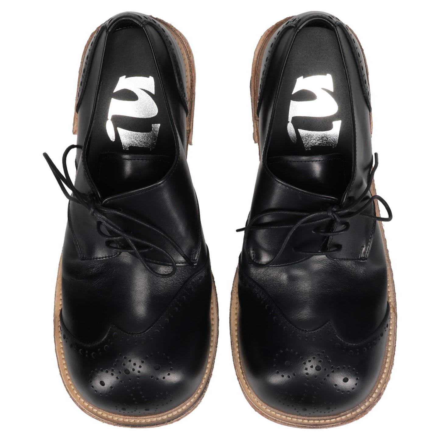 BIG FOOT CURVED WINGTIP DERBY LEATHER SOLE / BLACK/RAW SOLE NATURAL