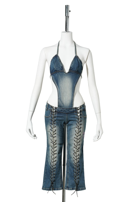 DENIM DETACHABLE CAPRI JUMPSUIT / BLUE