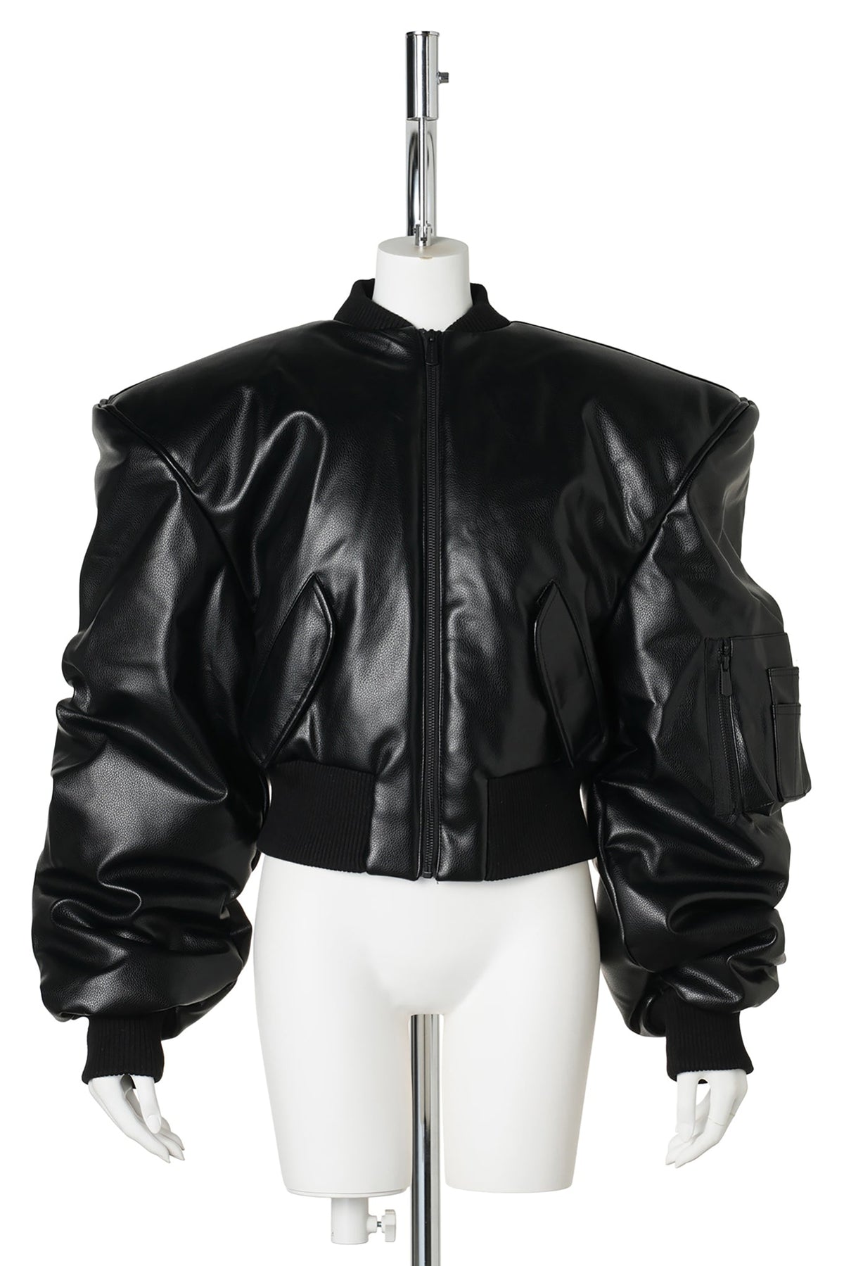 LEATHER POWER SHOULDER BOMBER JACKET / BLACK