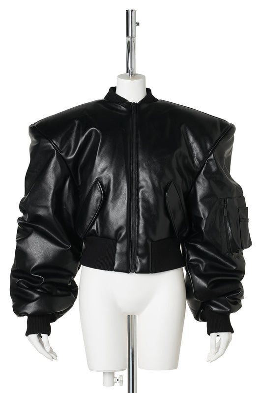 LEATHER POWER SHOULDER BOMBER JACKET / BLACK
