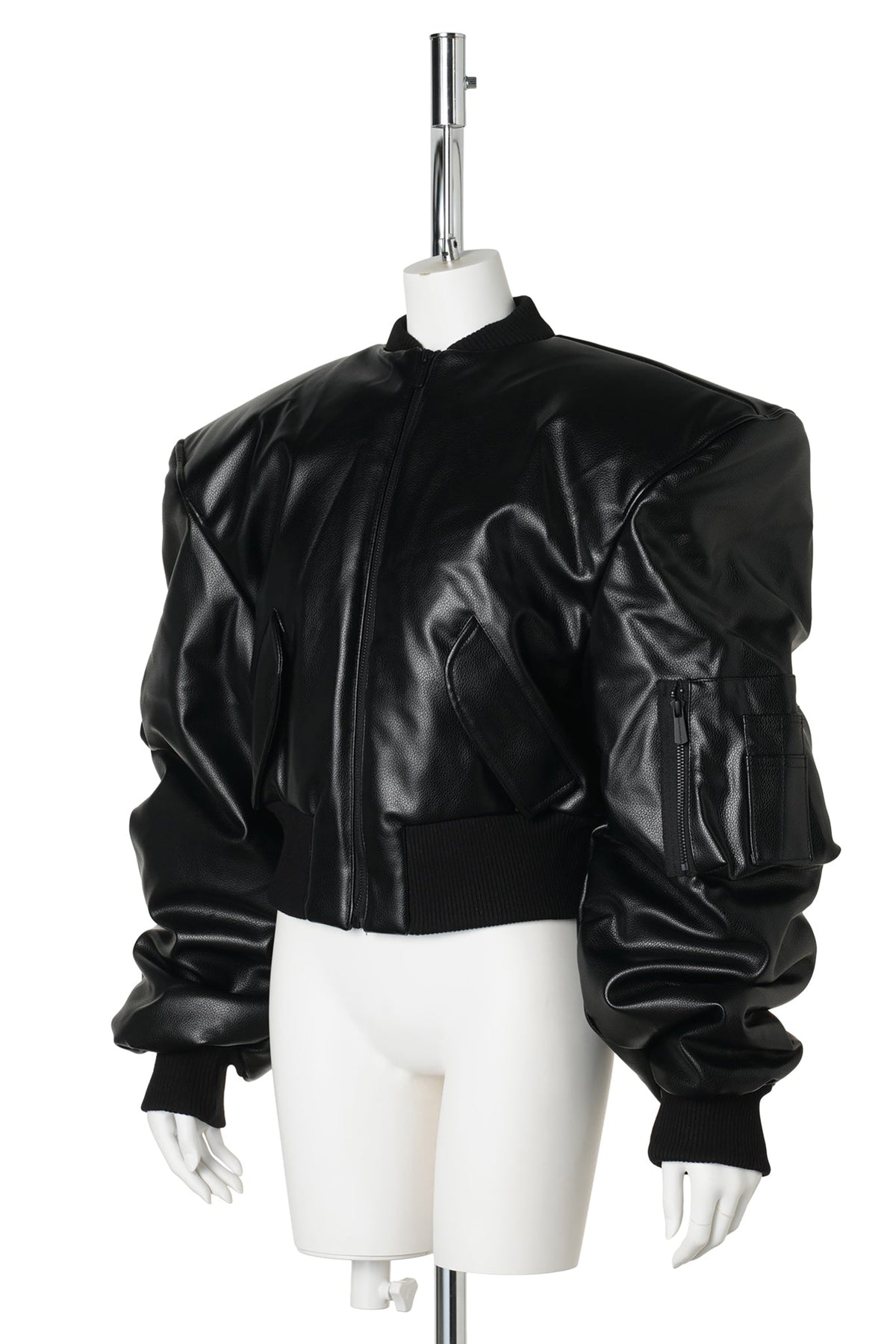 LEATHER POWER SHOULDER BOMBER JACKET / BLACK
