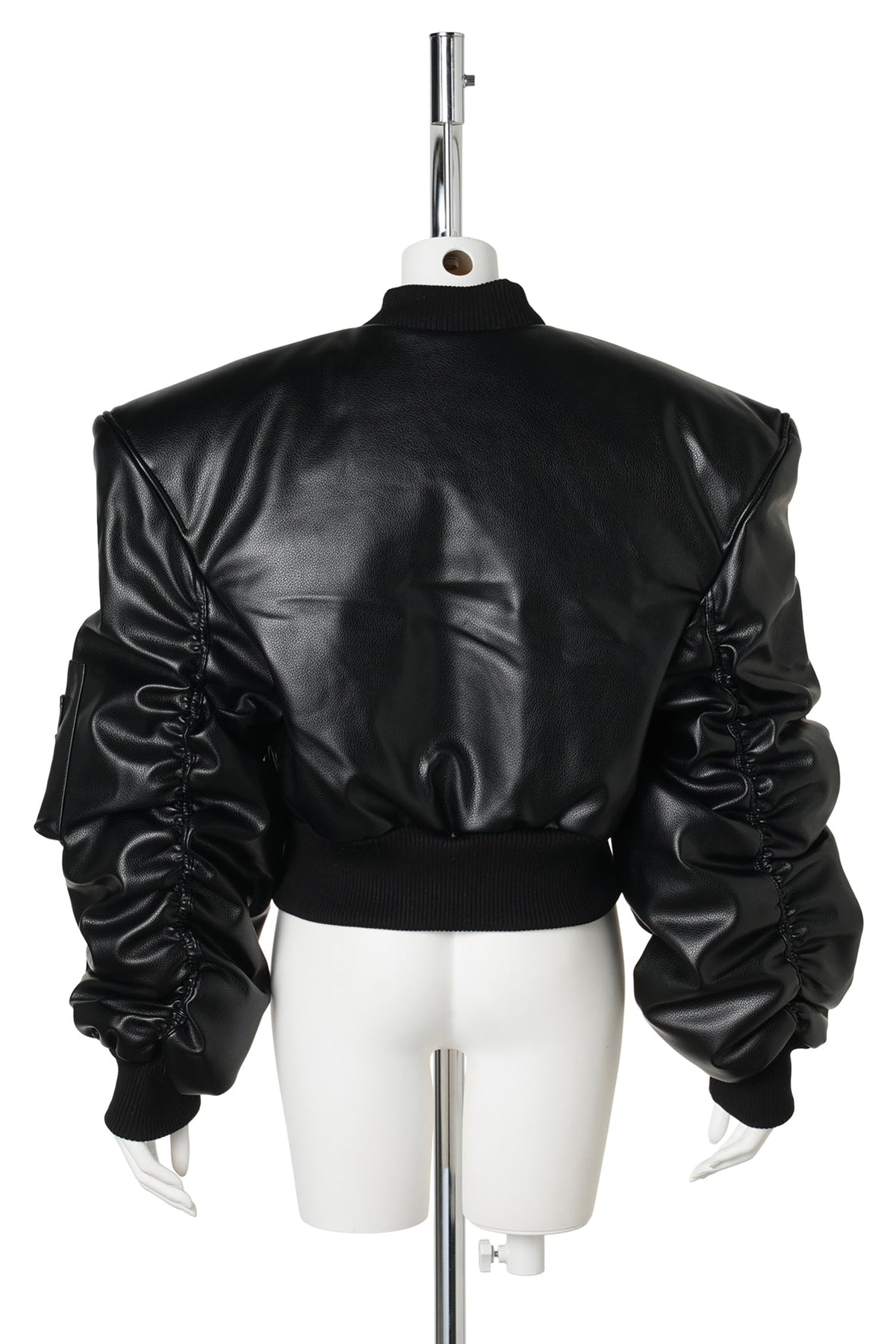 LEATHER POWER SHOULDER BOMBER JACKET / BLACK