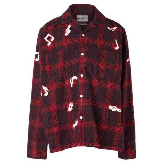 MUSIC HAND EMBROIDERY FLANNEL SHIRT / REDxBLACK