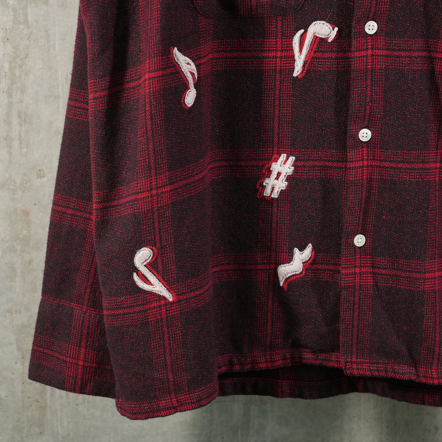 MUSIC HAND EMBROIDERY FLANNEL SHIRT / REDxBLACK