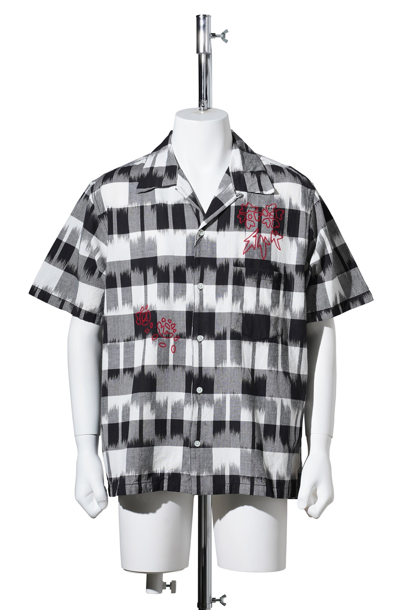 IKAT CHECK FLOWER EMBROIDERY SS SHIRT / BLACK x WHITE