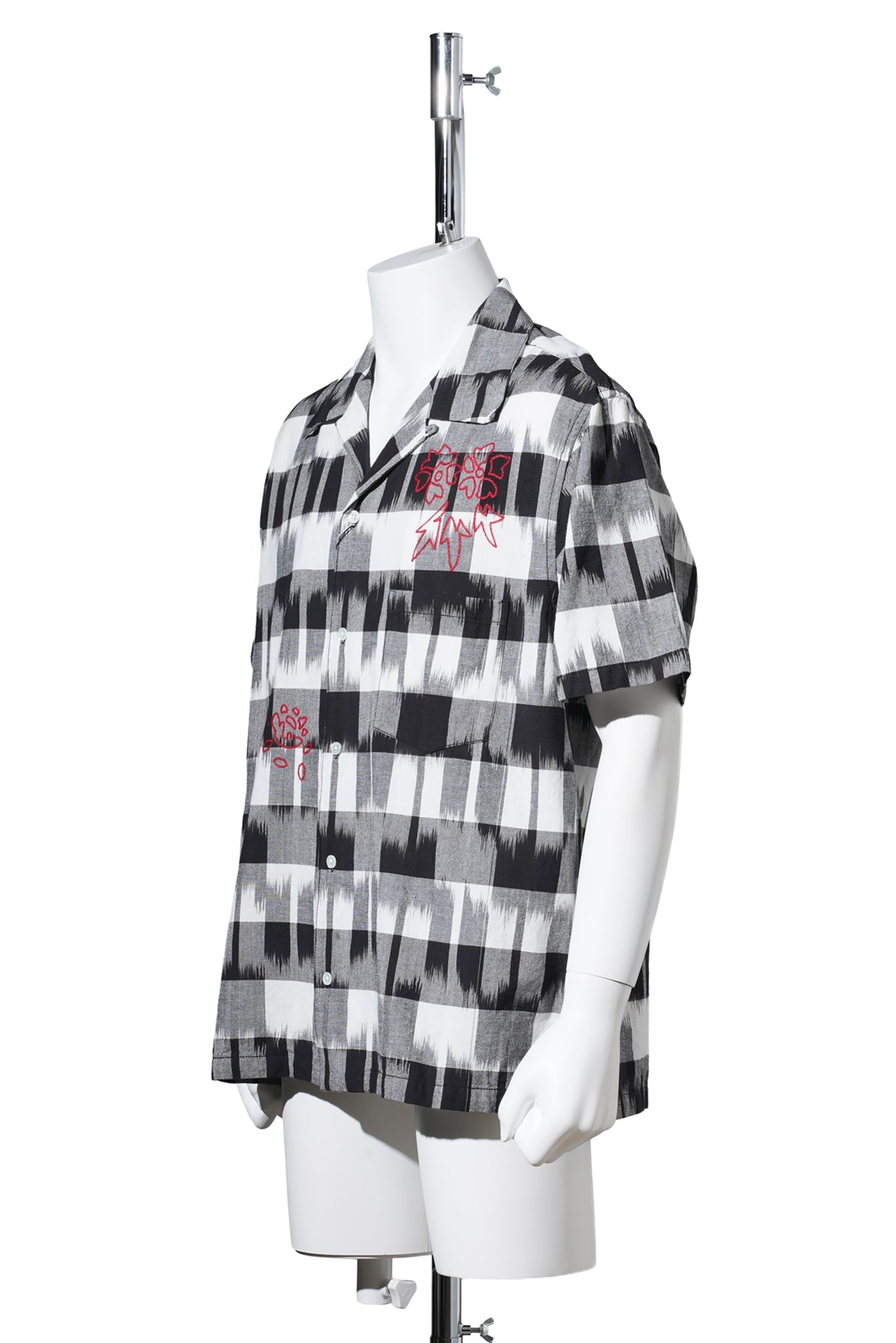 IKAT CHECK FLOWER EMBROIDERY SS SHIRT / BLACK x WHITE