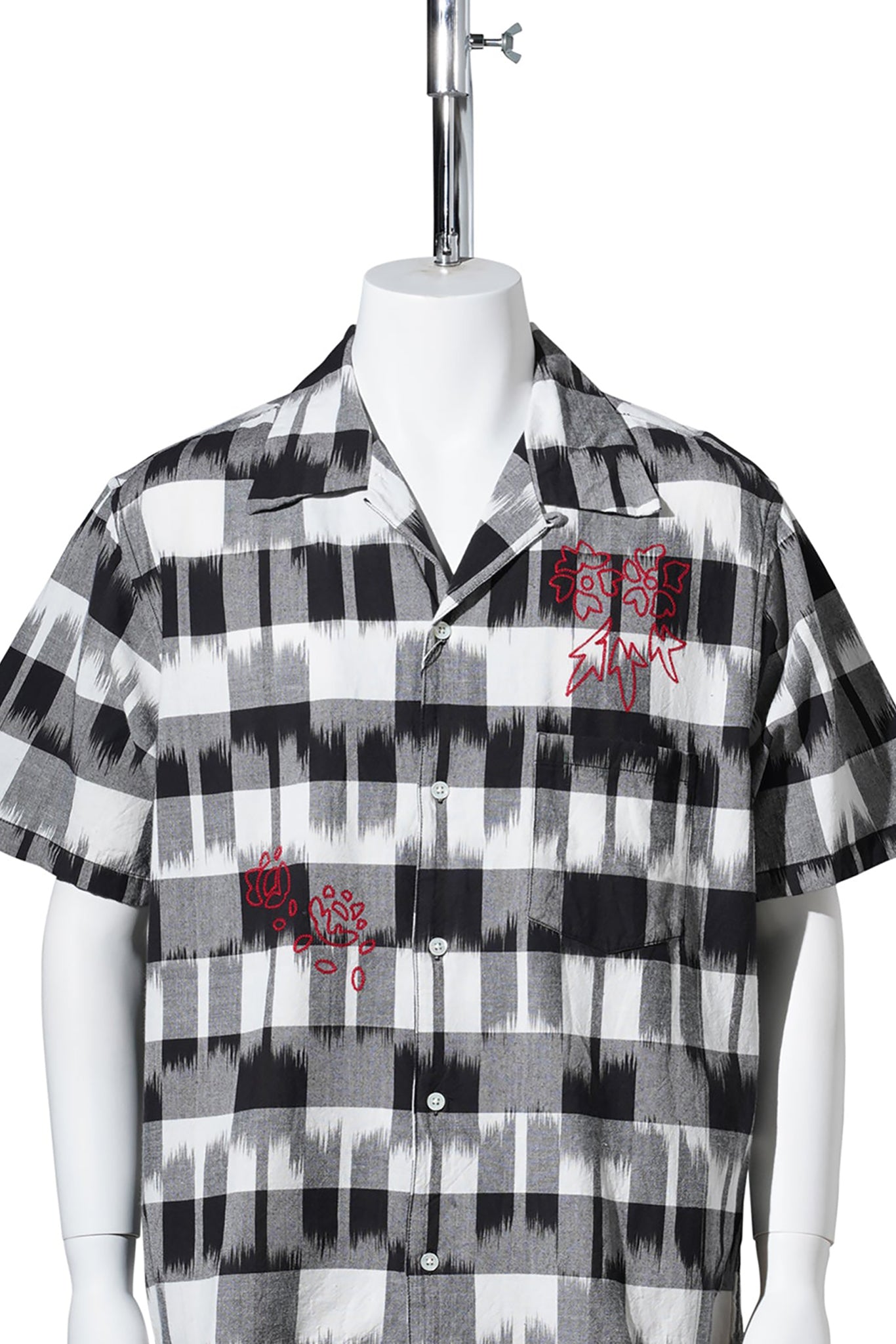 IKAT CHECK FLOWER EMBROIDERY SS SHIRT / BLACK x WHITE