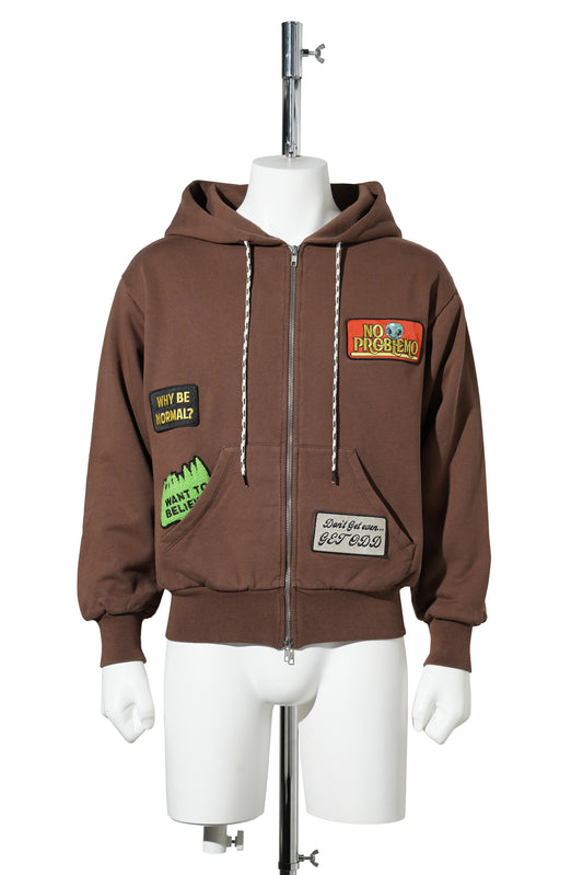 STICKER ZIP THRU HOODIE / BROWN