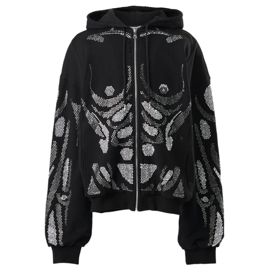 RHINESTONES ZIP-UP HOODIE / BLACK