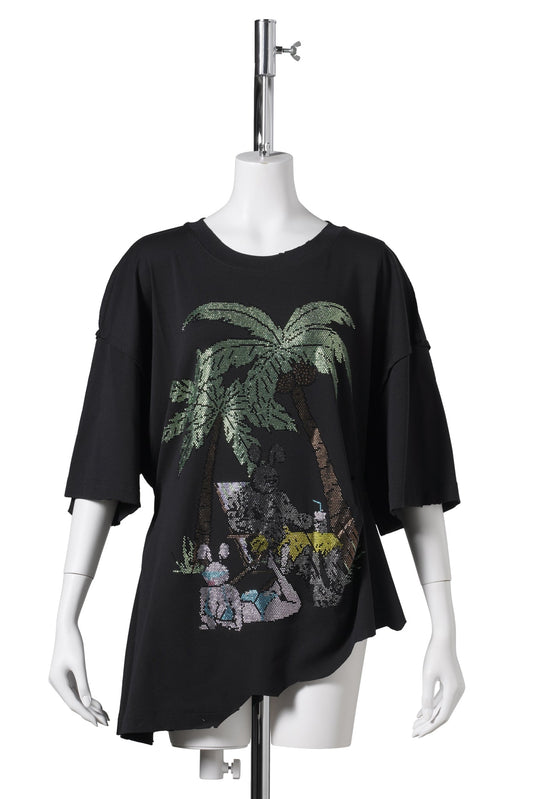 RHINESTONES EMBELLISHED DRAPED COTTON T-SHIRT / BLACK