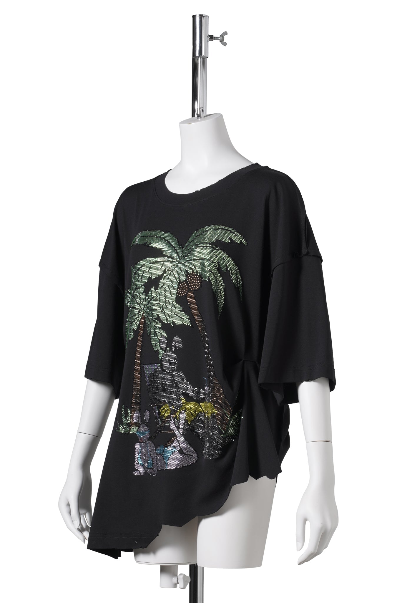 RHINESTONES EMBELLISHED DRAPED COTTON T-SHIRT / BLACK