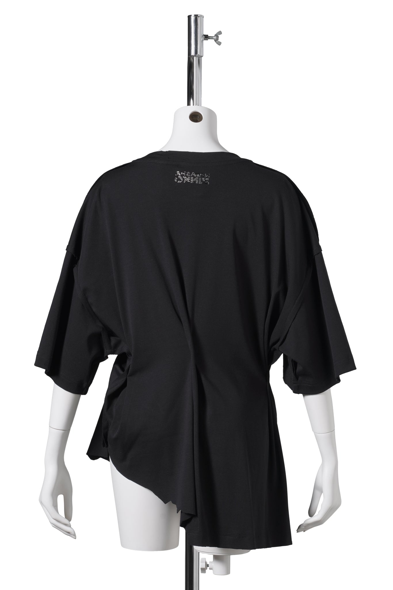 RHINESTONES EMBELLISHED DRAPED COTTON T-SHIRT / BLACK