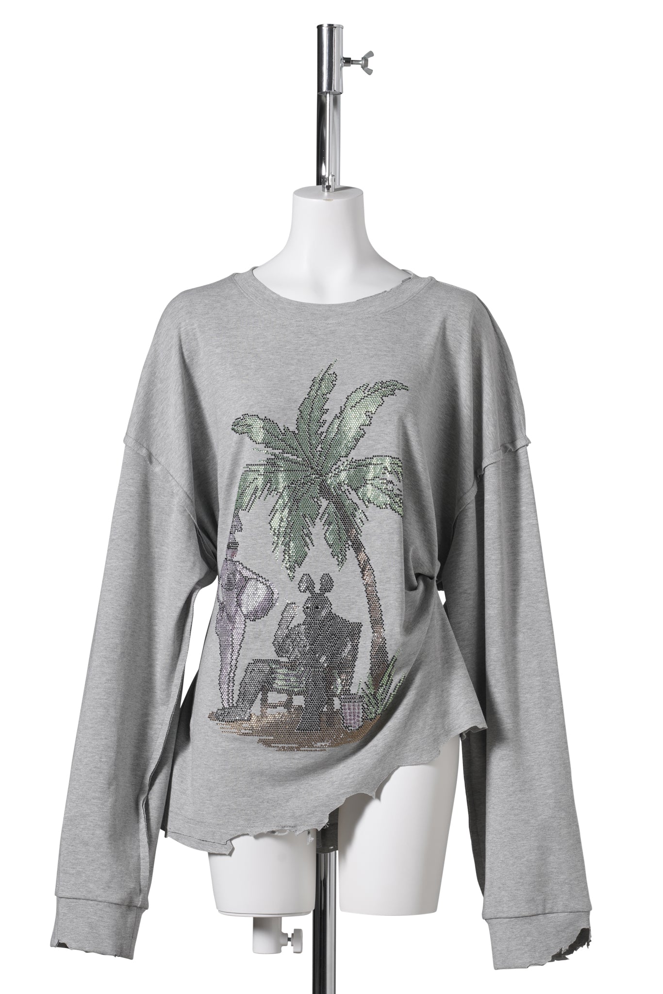 RHINESTONES EMBELLISHED DRAPED COTTON LS T-SHIRT / GREY