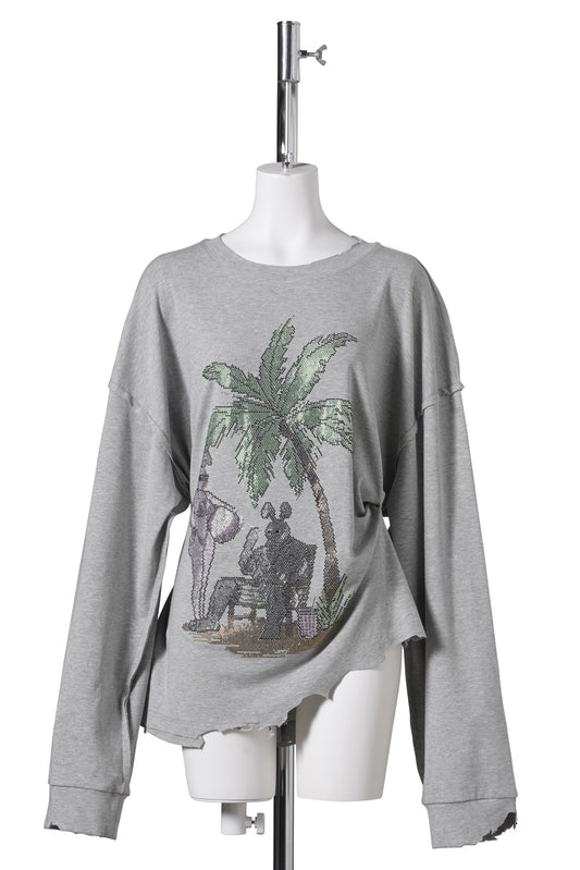 RHINESTONES EMBELLISHED DRAPED COTTON LS T-SHIRT / GREY