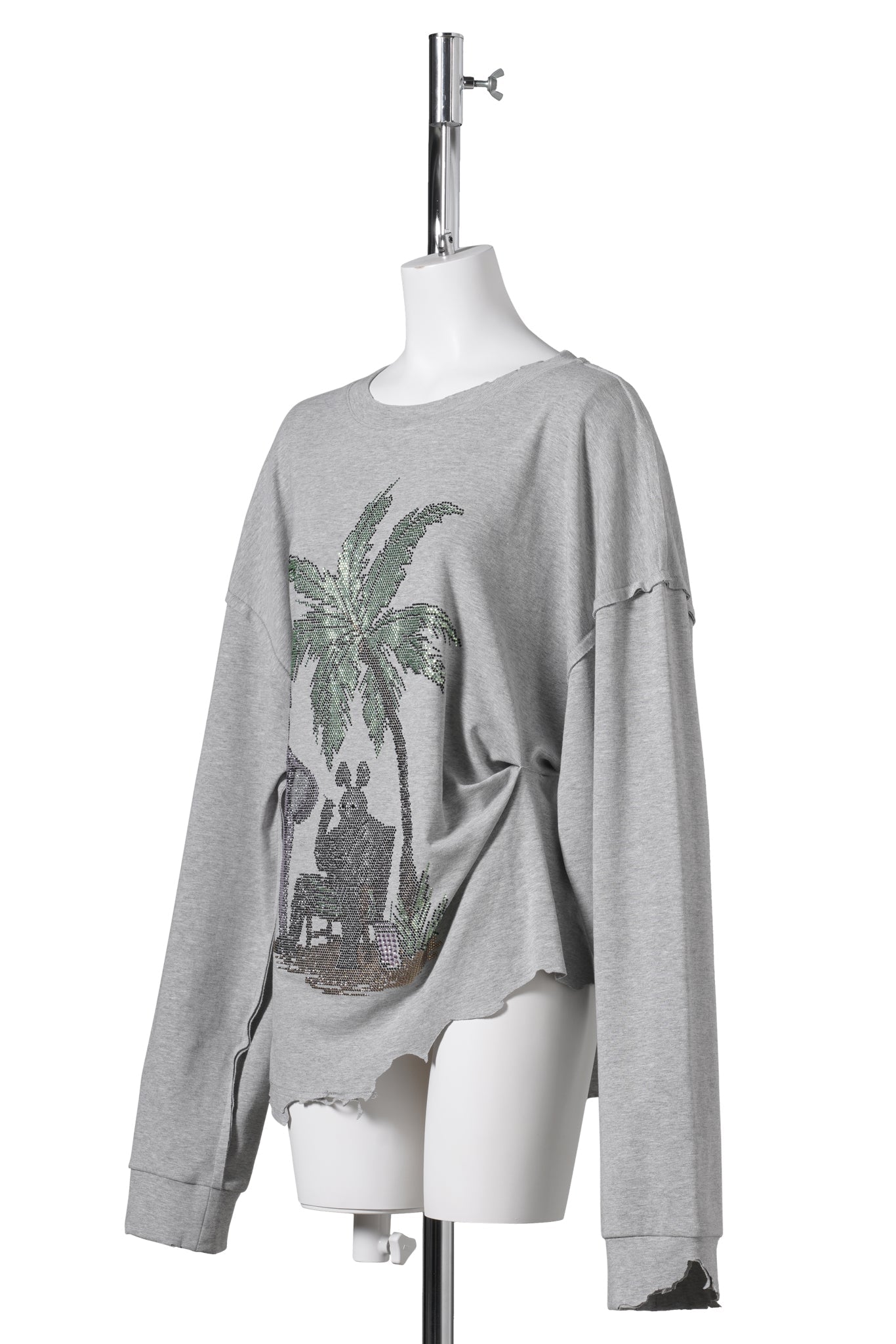 RHINESTONES EMBELLISHED DRAPED COTTON LS T-SHIRT / GREY