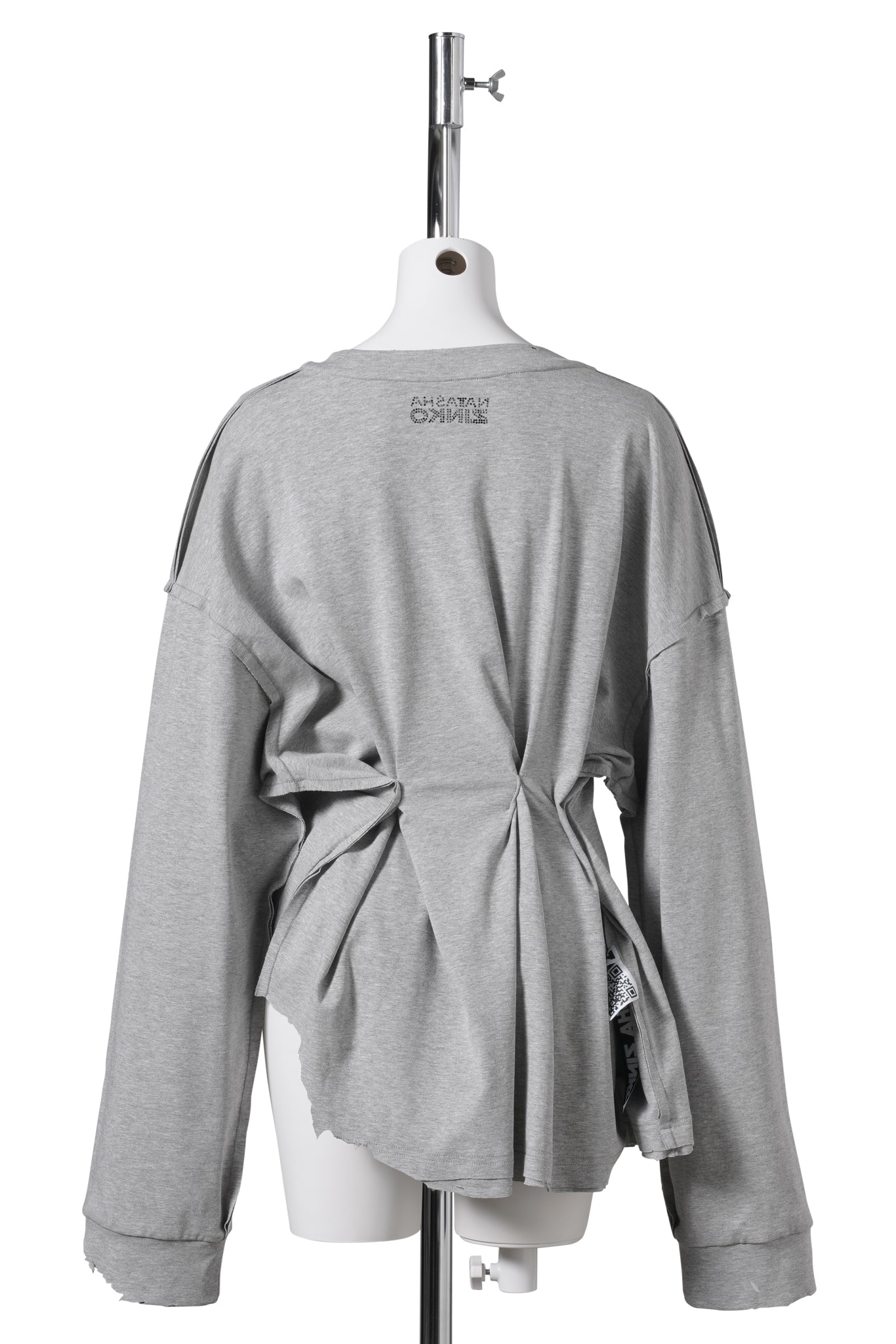 RHINESTONES EMBELLISHED DRAPED COTTON LS T-SHIRT / GREY