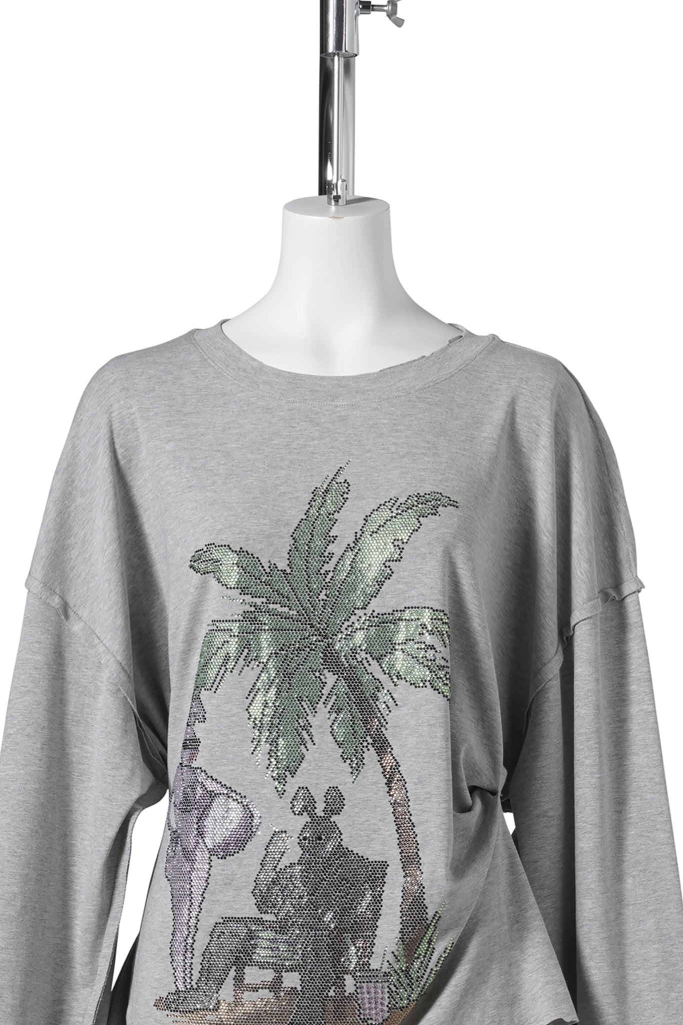 RHINESTONES EMBELLISHED DRAPED COTTON LS T-SHIRT / GREY