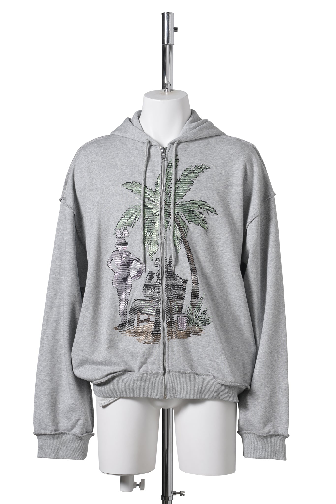 RHINESTONES ZIP-UP HOODIE / GREY