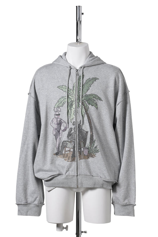 RHINESTONES ZIP-UP HOODIE / GREY
