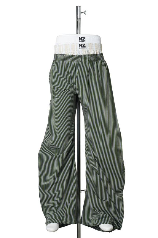 STACKED PANTS / GREEN STRIPED/BEIGE
