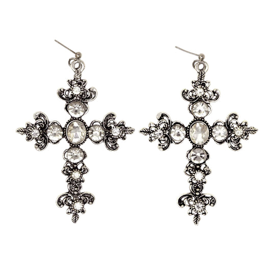 CRYSTAL CROSS EARRINGS / SILVER