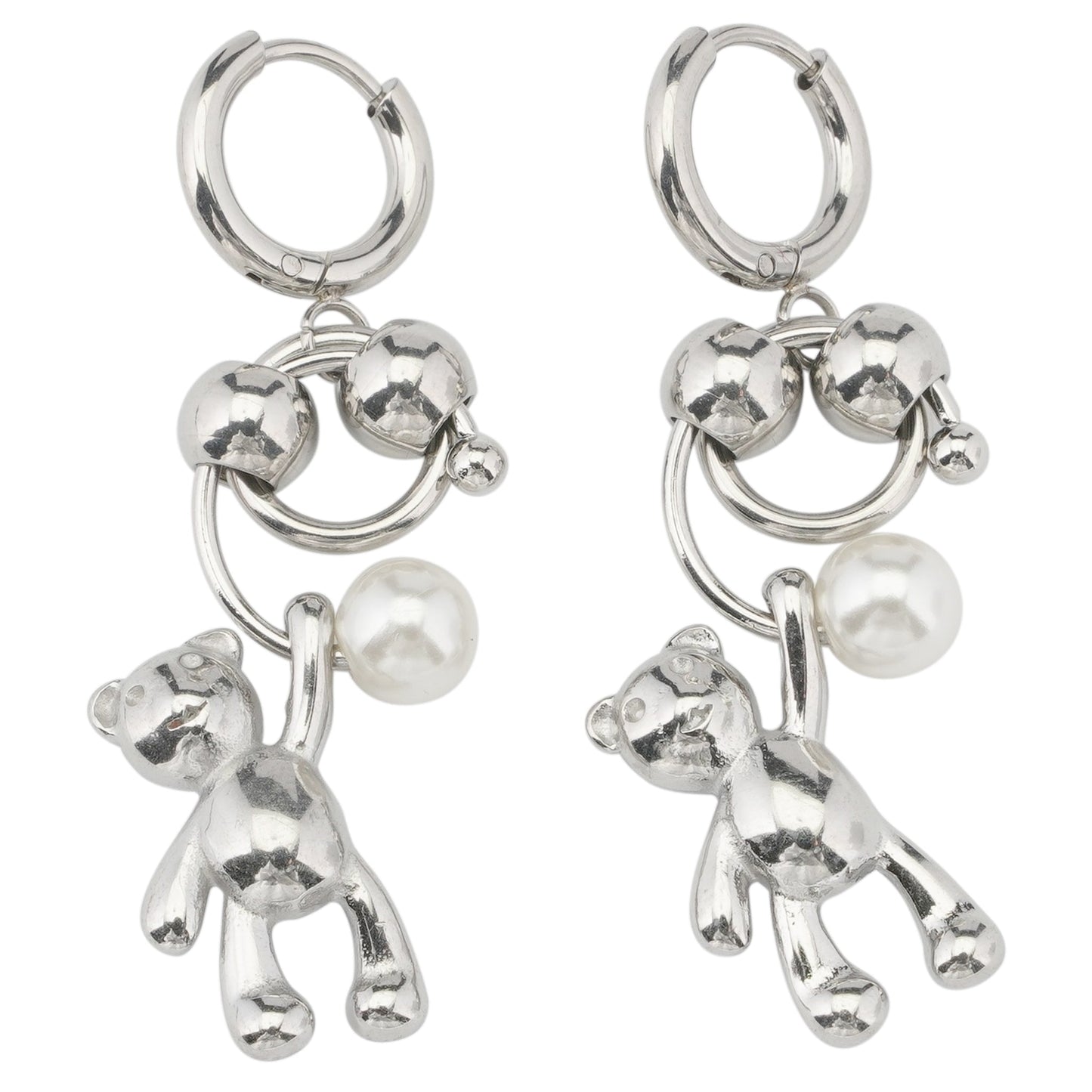 BEAR PEARL DROP EARRINGS / SILVER