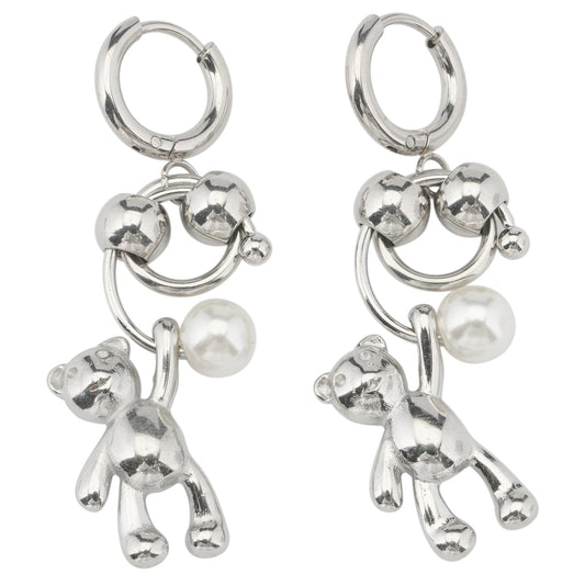 BEAR PEARL DROP EARRINGS / SILVER