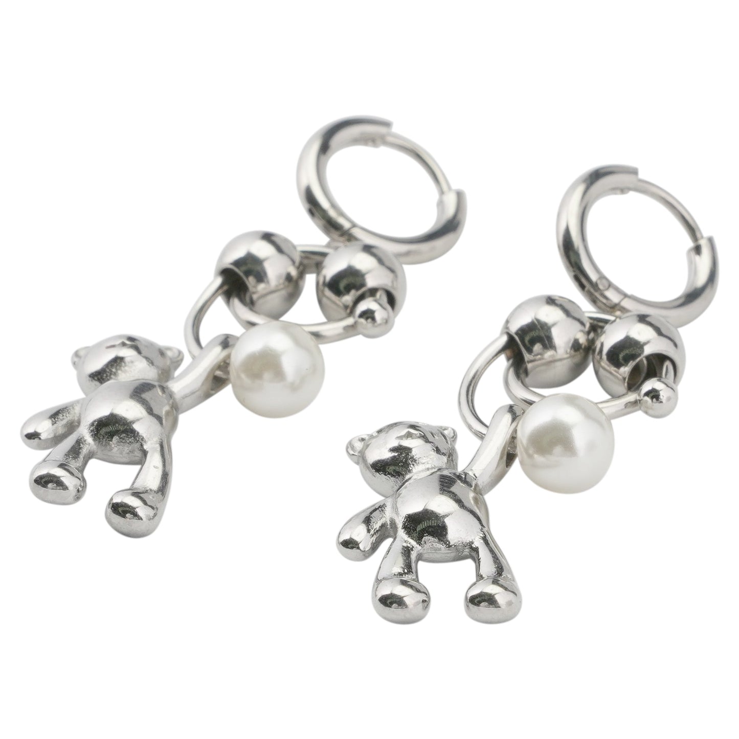 BEAR PEARL DROP EARRINGS / SILVER