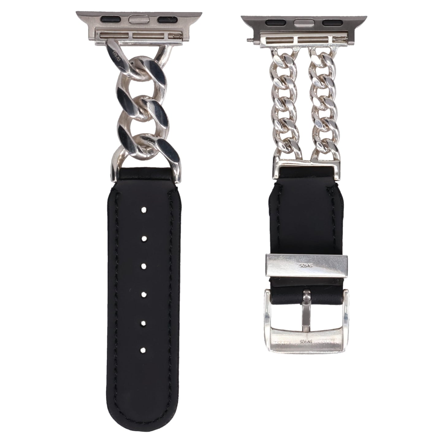 LEATHER HYBRID CHAIN BAND SILVER 925 for Apple Watch-Small / BLACK