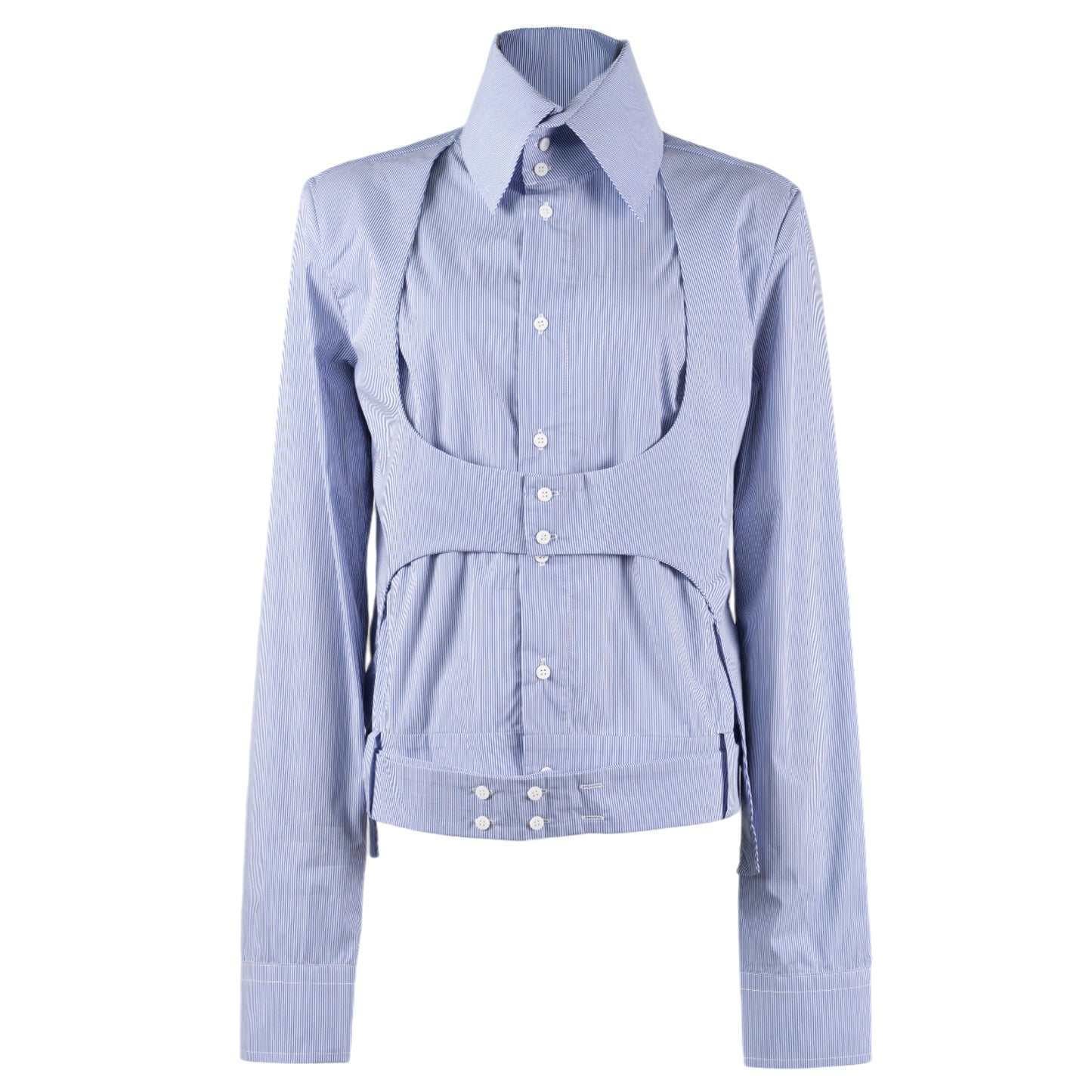 BELTED HIGH COLLAR SHIRT / WHITE AND BLUE