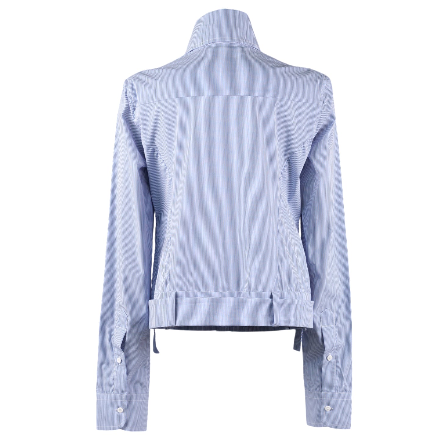 BELTED HIGH COLLAR SHIRT / WHITE AND BLUE