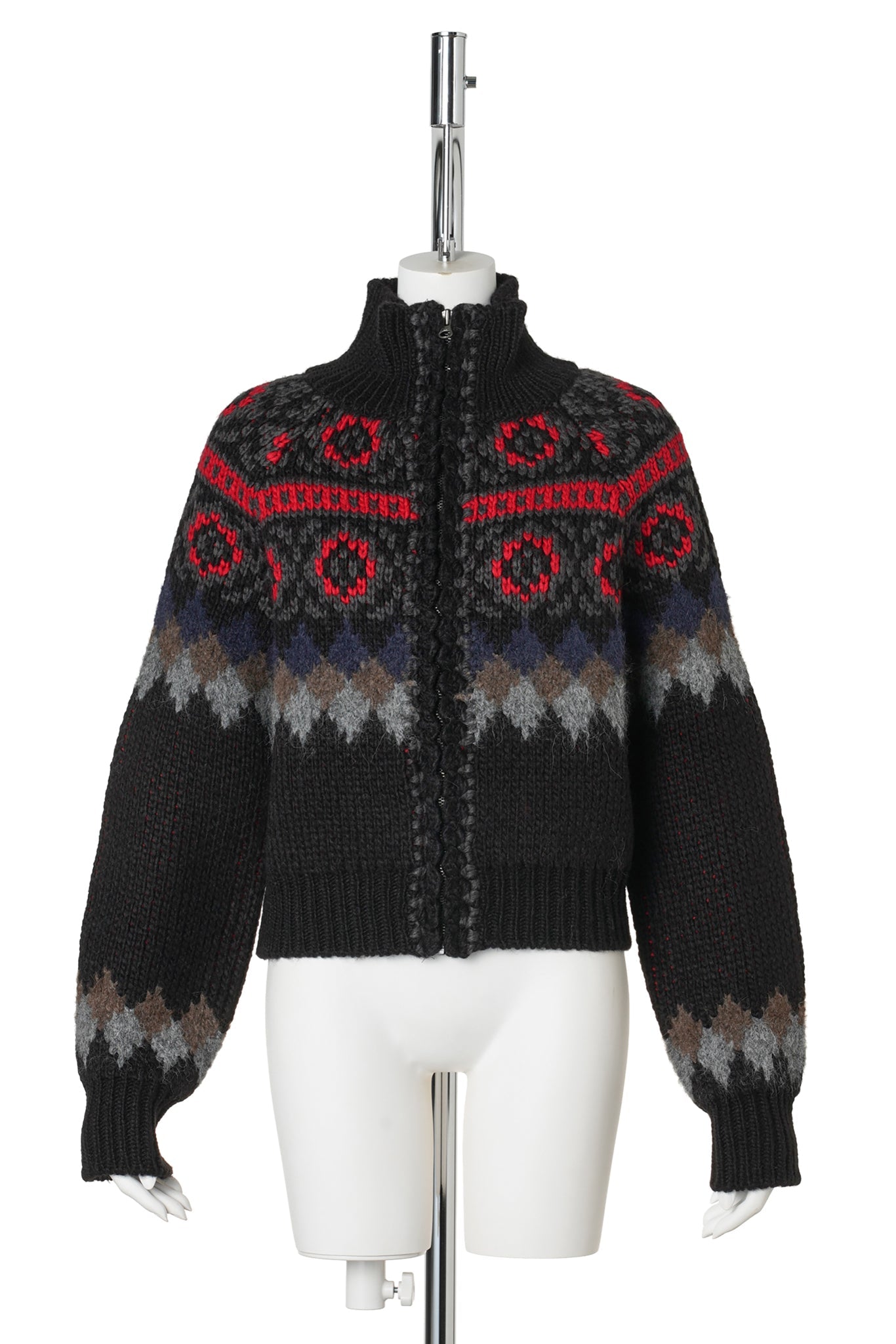 FAIR ISLE ZIP UP SWEATER / BLACK