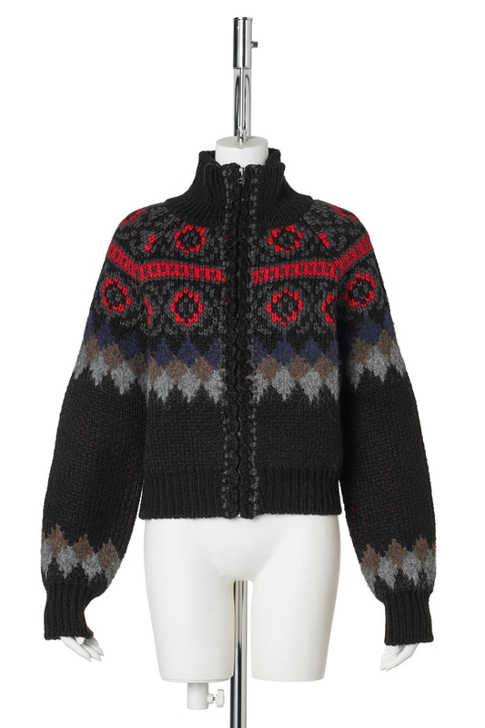 FAIR ISLE ZIP UP SWEATER / BLACK