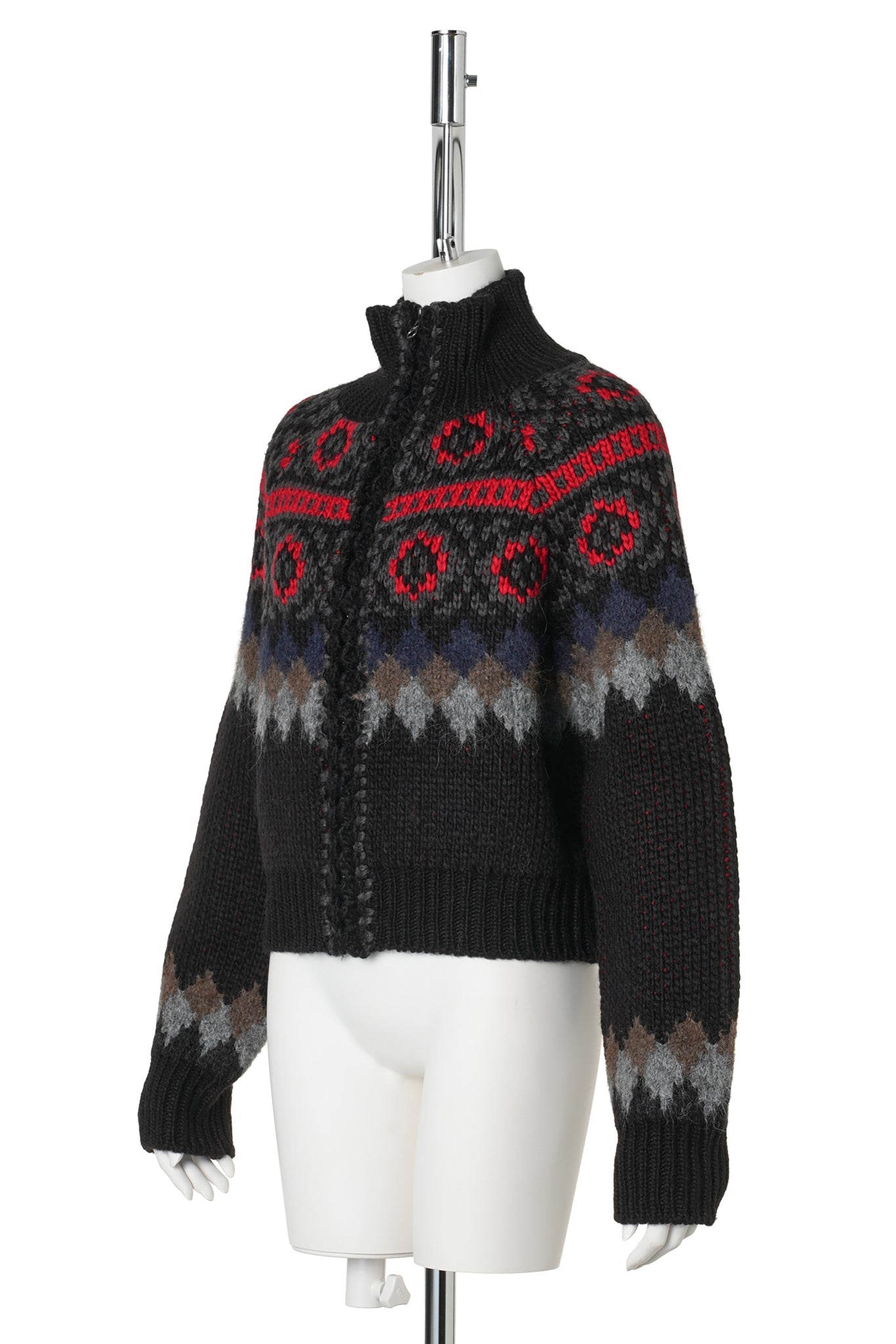 FAIR ISLE ZIP UP SWEATER / BLACK