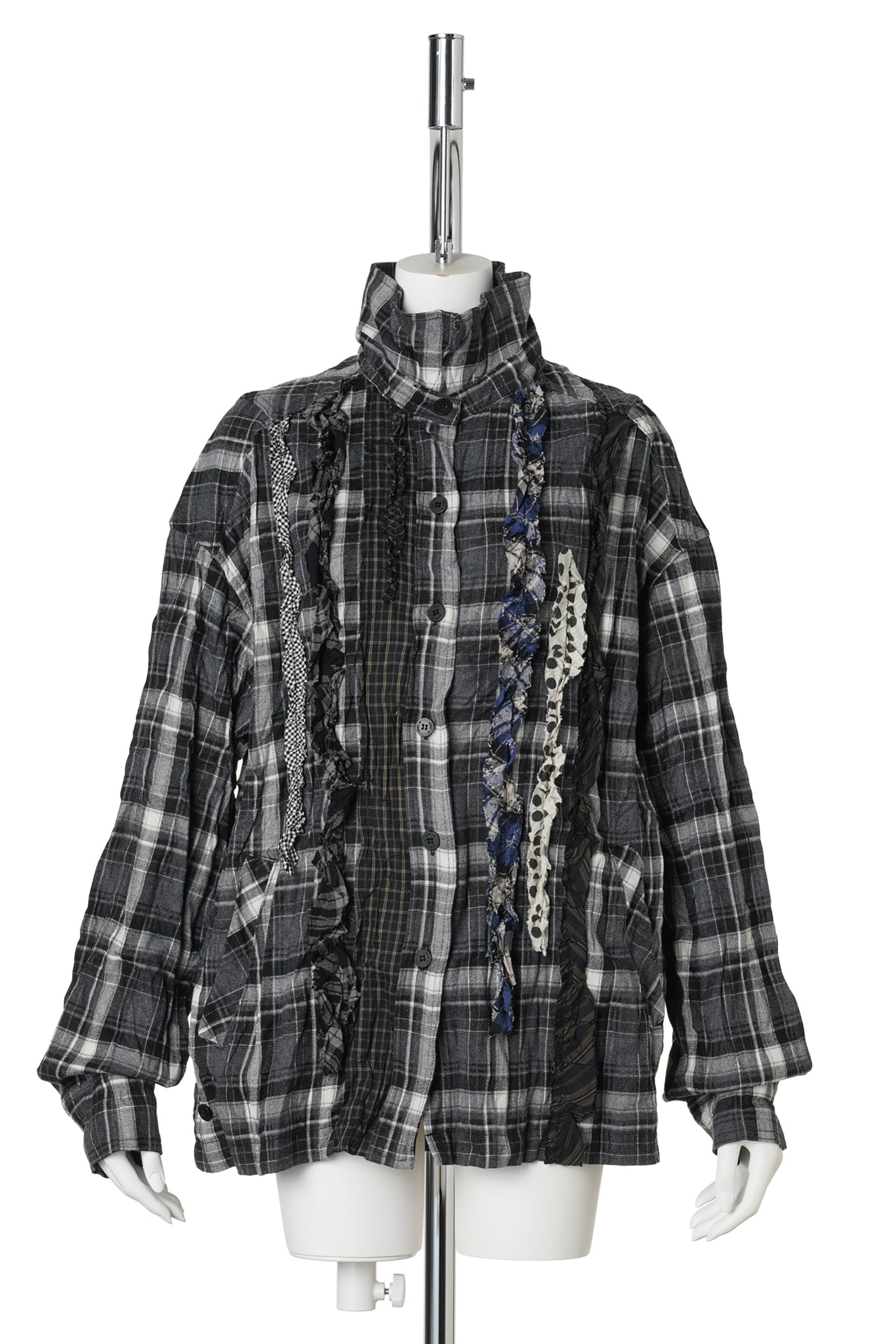 CHECKERED CRINKLE RUFFLE SHIRT / BLACK