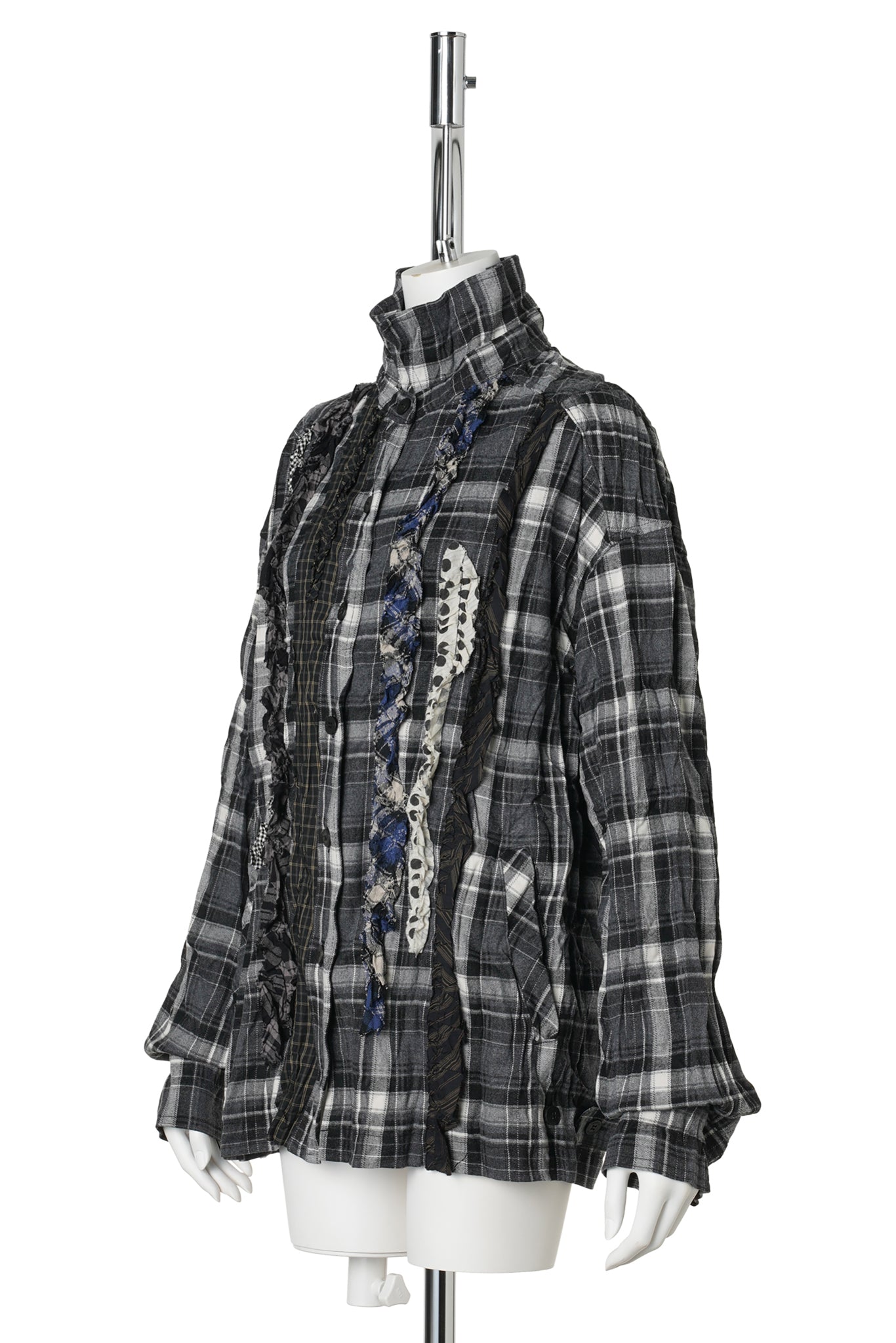 CHECKERED CRINKLE RUFFLE SHIRT / BLACK