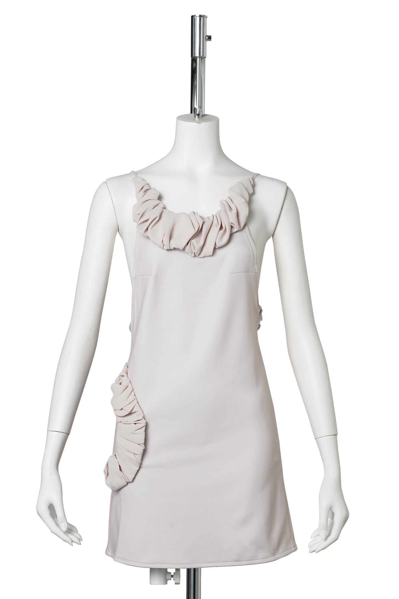 OPEN BACK RUFFLE MINI DRESS / BEIGE