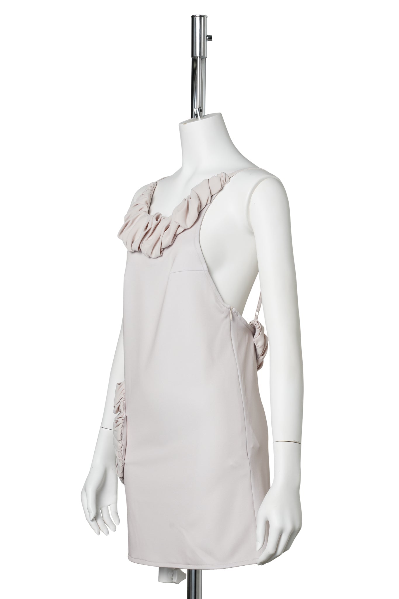 OPEN BACK RUFFLE MINI DRESS / BEIGE