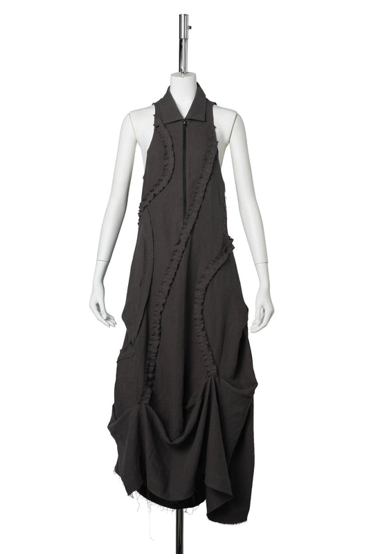 RUFFLE LINEN MAXI DRESS / CHARCOAL