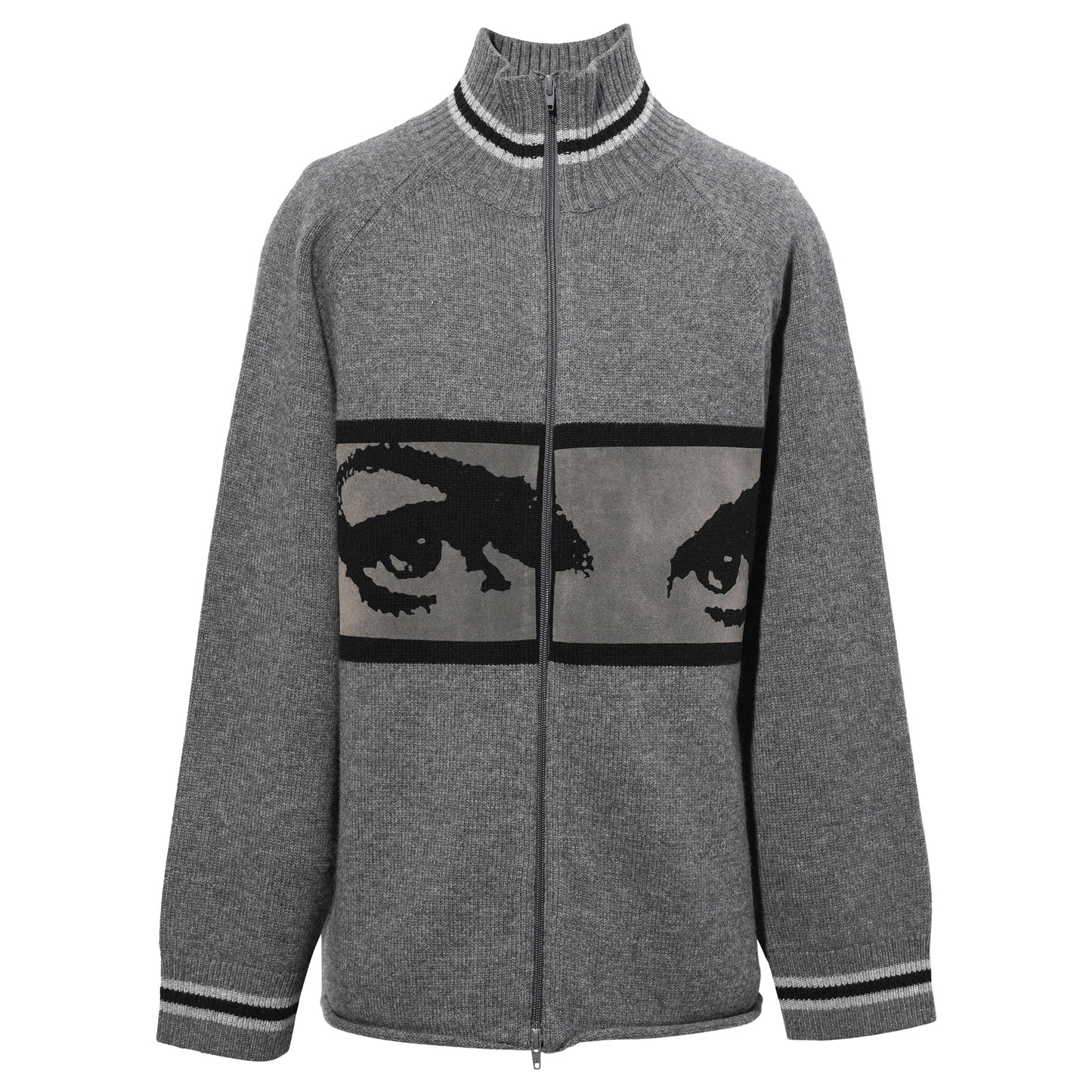 EYES ZIP THRU KNIT CARDIGAN / BLACK/GREY