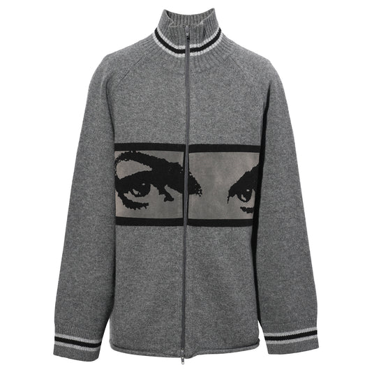 EYES ZIP THRU KNIT CARDIGAN / BLACK/GREY
