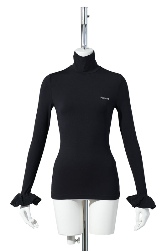 BLACK SCRUNCHIE SLEEVE JERSEY TOP / BLACK