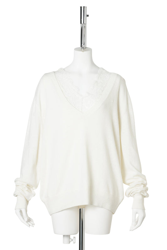 WHITE LACE LAYERED V-NECK KNIT / WHITE