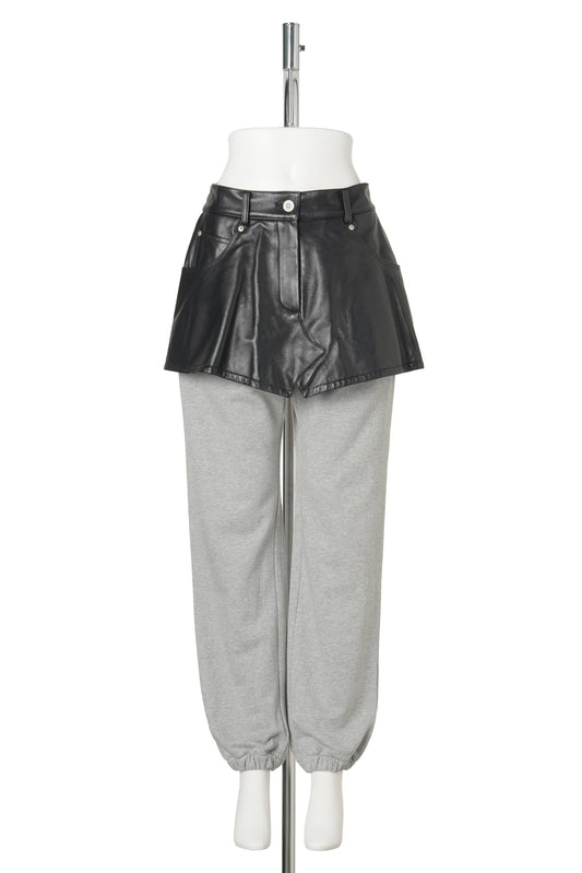 GRAY LEATHER SKIRT LAYERED SWEATPANTS / GRAY