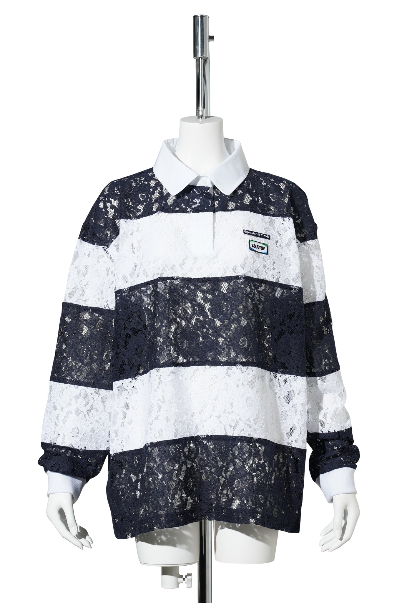 NAVY LACE STRIPE PIQUÉ TOP / NAVY